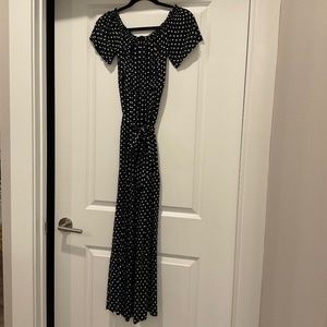 Navy and white polka dot maxi dress, stretchy off shoulder neckline, tie waist